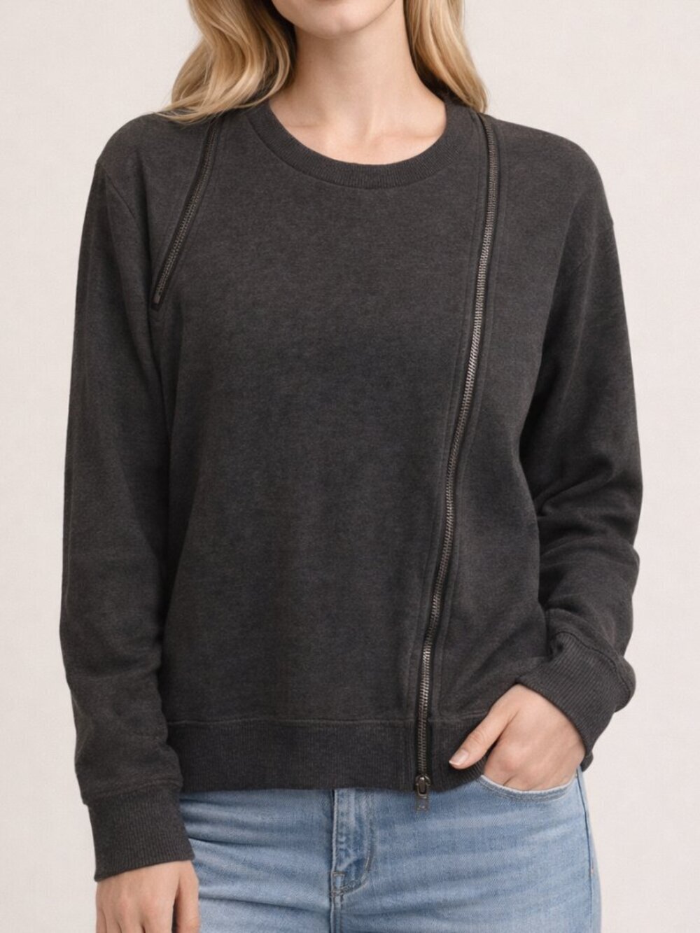 AllSaints Caro Zip Neck Sweatshirt Pullover Crewneck Marl Black Size Small